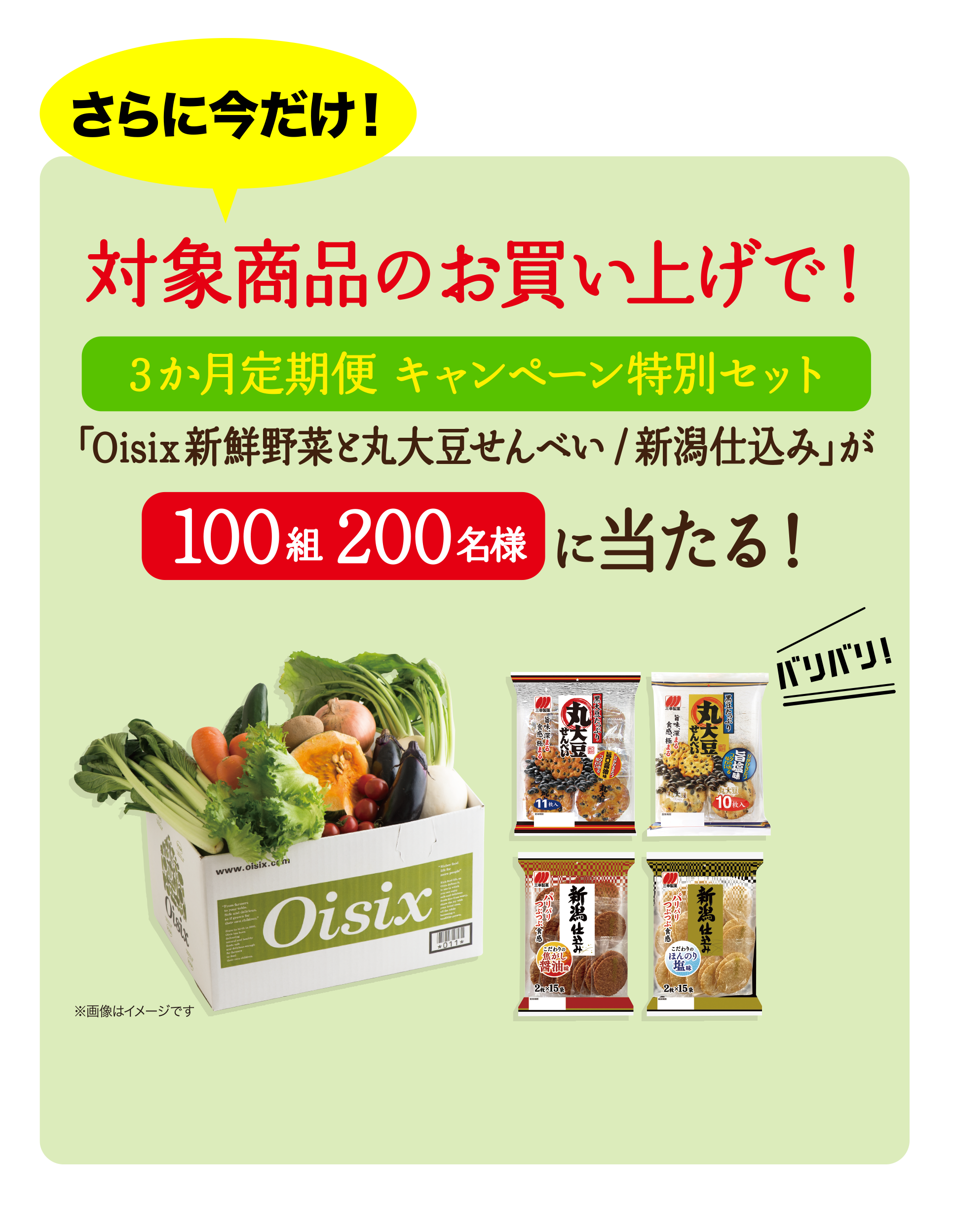 さらに今だけ！ 対象商品のお買い上げで！ ３か月定期便 キャンペーン特別セット「Oisix新鮮野菜と丸大豆せんべい/新潟仕込み」が100組200名様  に当たる！