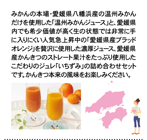 みかんの本場・愛媛県八幡浜産の温州みかんだけを使用した「温州みかんジュース」と、愛媛県内でも希少価値が高く生の状態では非常に手に入りにくい人気急上昇中の「愛媛県産ブラッドオレンジ」を贅沢に使用した濃厚ジュース、愛媛県産かんきつのストレート果汁をたっぷり使用したこだわりのジュレ「いちずみ」の詰め合わせセットです。かんきつ本来の風味をお楽しみください。